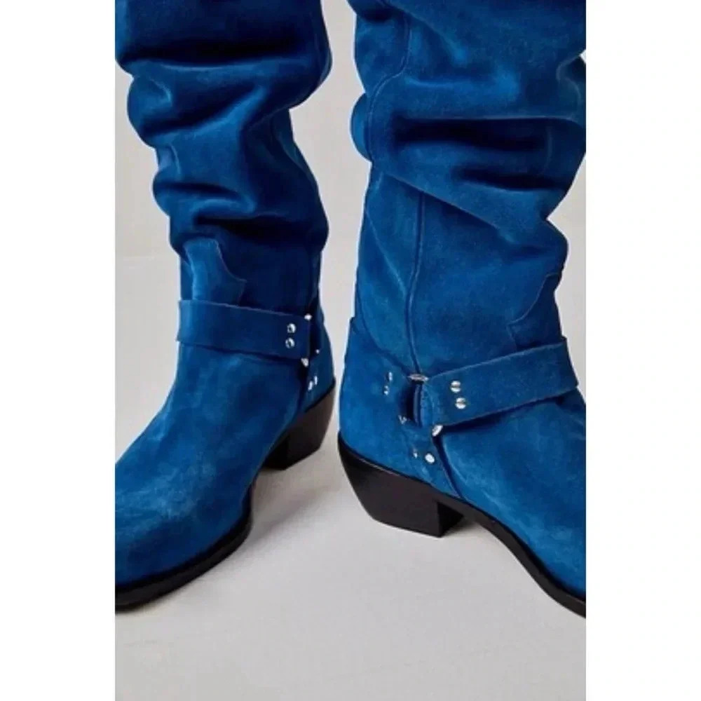 New Free People Suede Knee-High Moto Boots Lockhart Blue Womens Size 6 - Picture 12 of 16